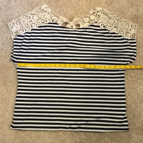 Whimsigoth Black & White Stripe and Crochet Lace Shoulder Tie Back Top - Picture 11 of 13